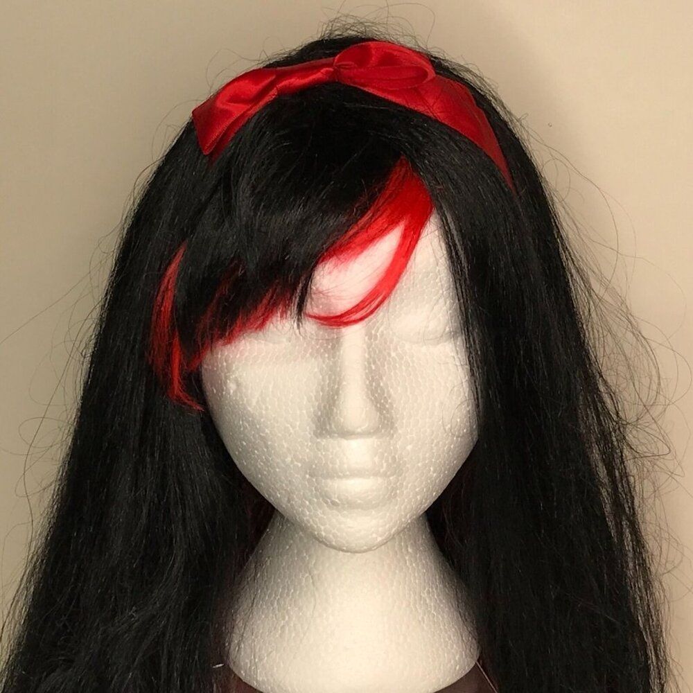Snow White Black Wig Red Tips Bangs Bow Dress up Halloween Costume Rockabilly